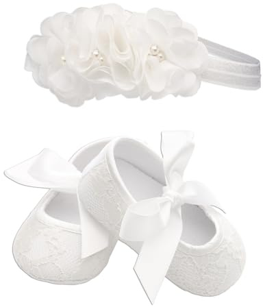 Cherished Moments Baby Baptism Shoe with Lace in Light Ivory with Headband, Gift for Christening or Dedication for Baby Girl (Sizes 1)