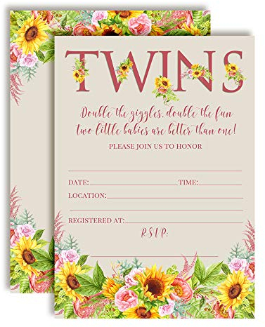 AmandaCreation Einladungskarten für Zwillinge, Motiv: Sonnenblume und Pfingstrosen, 20 Stück, 12,7 x 17,8 cm, mit 20 weißen Umschlägen