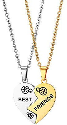 Flongo Freundschaftsketten BFF Anhänger Best Friends Halskette 2 Stück Edelstahl Halskette Freundschaftskette Kette Herz Marienkäfer Puzzle Gold Golden Silber mit Gravur