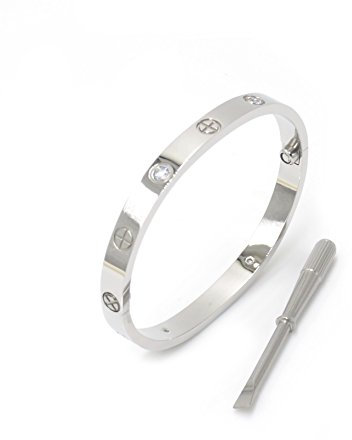 Luxury Gold-Plated Stainless Steel Simple Style Love Bangle Bracelet for Women Men (SilverCZ in size 19)