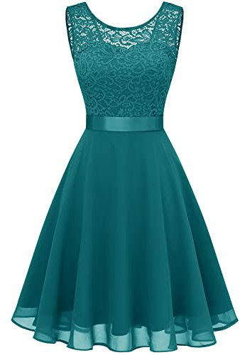 Berylove Femme Robe de Cocktail Courte Top Dentelle Jupe Mousseline Swing pour Bal Mariage 7005 Peacock Green 2XL