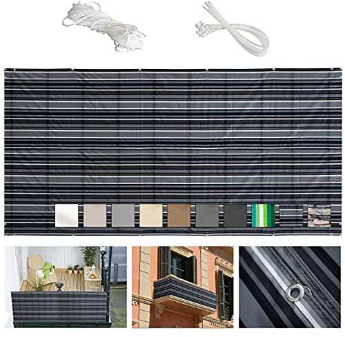 MEEYI Balkonsichtschutz 90x1300cm balkonverkleidung sichtschutz Balkon ohne Bohren wasserabweisend balkonverkleidung Kunststoff für Garten pflegeleichtes mit kabelbinder und Seil-Schwarz und weiß