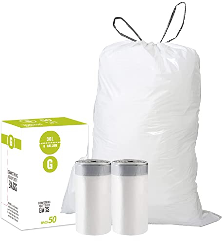 Code G (50 Count) 8 Gallon Heavy Duty Drawstring Plastic Trash Bags Compatible with simplehuman Code G | 1.2 Mil | White Drawstring Garbage Liners 8 Gallon/30 Liter