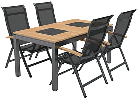 OUTLIV. Gartenmöbel-Set Alpha 5-TLG, wetterfest, Klappsessel mit Textilene Bezug, stabil und langlebig, Tisch: 160x88x75 cm, Anthrazit/Schwarz