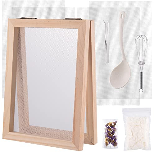 Huiguli Paper Making Kit, 18 x 12.5cm Pine Wood Paper Making Frame with 4 Replace Mesh Cloth Tweezer Pulp Dry Flowers, Ancient Papermaking Mould for DIY Handcraft, School Teaching, Silkscreen Printing