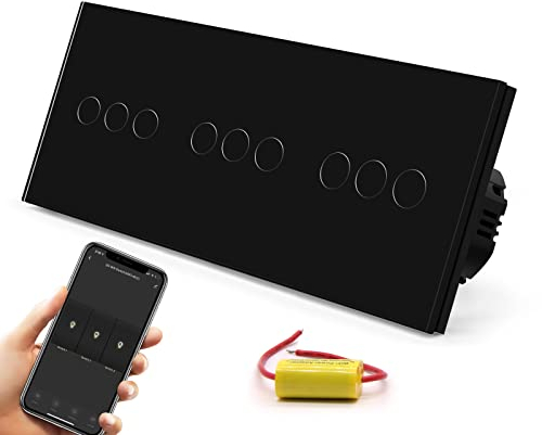 BSEED Interruptor de Táctil WIFI Inteligente, Triple Interruptor de Luz de Pared con Panel de Cristal Compatible con Alexa/Smart Life/Tuya (No Necesita Cable Neutro) 3 Gang 1 Vía Negro