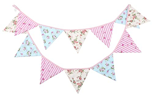G2PLUS Rosa und Blau Stoff Wimpel Girlande, 3.3M Doppelseitig Stoffgirlande, Baumwolle Wimpelkette Junge, 12stk Stoff Wimpeln für Kinderzimmer Kindergeburtstagsfeier oder Draußen Party