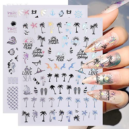 Nero Oro Foglie Unghie Adesivo Albero di Cocco Trasferimento Carta Palme Design Adesivi Unghie Stile Tropicale 3D Manicure Decorazione Nail Art Decalcomanie Acqua (2pz laser oceano)