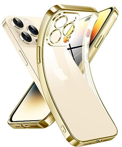 Supdeal Crystal Clear Hülle für iPhone 14 Pro, Niemals gelb mit Kameraschutz, Silikon Durchsichtig Handyhülle Weicher Passform, Ultra Dünn und Leicht Case Cover, 6,1 Zoll, Gold