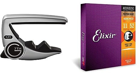 G7TH CAPO POWER 3 TYPE 6 CORDES ARGENTÉ & Cordes Elixir® en Phosphore Bronze pour guitare acoustique avec revêtement NANOWEB®, Custom Light (.011-.052)