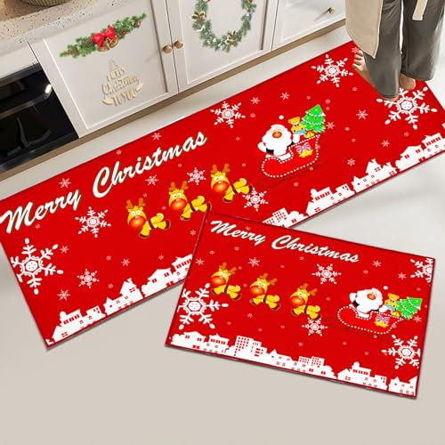 Hoimlm Weihnachts Küchenteppiche rutschfest Waschbarer, Flur Wohnzimmer Boden Badezimmer Küchen Teppich, Weihnachtsdekor, 40 x 120 cm+40 x 60 cm (Weihnachts D)