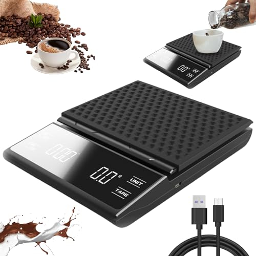 Kaffeewaage mit Timer: USB Wiederaufladbare Digital Kaffeewaage, Espressowaage mit LED-Touchscreen Bis 3kg/0,1g, Multifunktionale Küchenwaage Lebensmittelwaage Haushaltswaage mit Tara Funktion