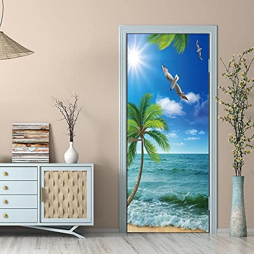 3D Türaufkleber Palmen Am Meer 80 X 200 Cm Türtapete Selbstklebend Türposter - Fototapete Türfolie Poster Tapete Meer Aufkleber Diy Selbstklebende Wandbild Pvc Wasserdichte Tapete - Türfoto
