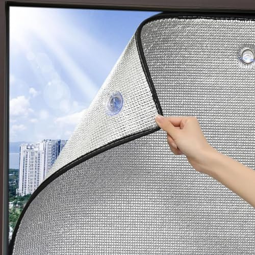 Sonnenschutz Wärmedämmung Dämmfolie Doppelte Aluminium Isolierfolie | UV-Schutz Selbstklebend Sichtschutzfolie für Fenster,Mit Saugnapf Verdunkelungsfolie