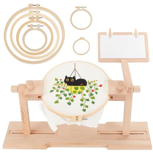 OLYCRAFT Adjustable Embroidery Hoop Holder with 6 Sizes Cross Stitch Embroidery Hoops 360 Degrees Rotated Cross Stitch Stand Wooden Embroidery Hoop Holder for Cross Stitch and Embroidery Project