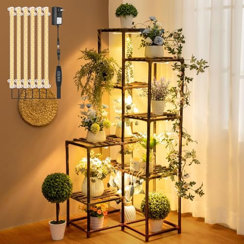Dreyoo Plant Stand Indoor with Grow Lights, 12 Tiered Indoor Plant Shelf, Tall Plant Stand for Indoor Plants Multiple, Wood Plant Flower Holder, for Patio Living Room Balcony Corner Garden