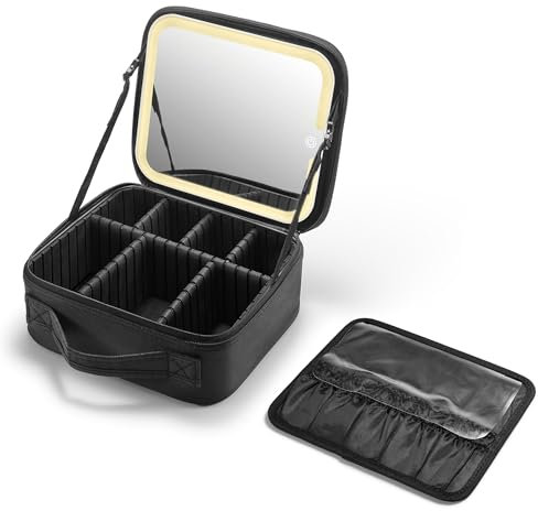 OWBIA Makeup Bag with LED Mirror, Cosmetic Organizer with Compartments, Oxford Fabric (Black, Small Size)