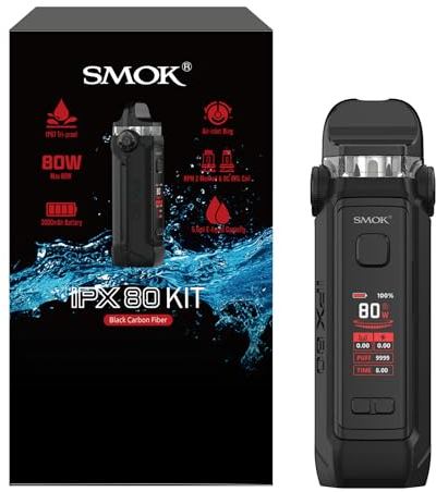 SMOK IPX 80 Pod Mod Kit 80W Vape Gerät 3000mAh Akku Einstellbarer Luftstrom 5.5ml Pod RPM 2 Coil Typ-C Aufladung IPX67 Schutz Ohne Nikotin Schwarz Carbonfaser