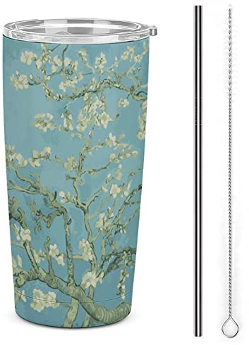 Anticsao Van Gogh Mandelblüten-Becher aus Edelstahl, isoliert, mit Deckel und Strohhalmbürsten, doppelwandiger Reise-Kaffeebecher mit Deckel, 590 ml