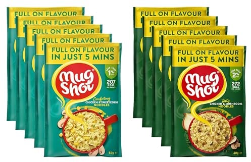 Mug Shot Instant Noodles Multipack Chicken & Mushroom Sweetcorn x5 Each Flavour Ready Meals Food & Snack, Quick Meal Pasta Low Fat Calorie Noodle Bulk, Ready in 5 Min, 10 packs total + Cheeroo Magnet