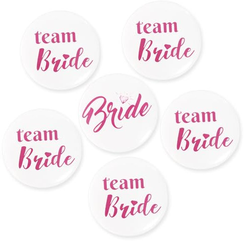 Koboko Team Bride, JGA Buttons, JGA Accessoires Frauen, Buttons anstecker Junggesellinnenabschied Accessoires und Hochzeitsfeier Party Polterabend (Weiß, Pink Diamant, 6 Stücke)