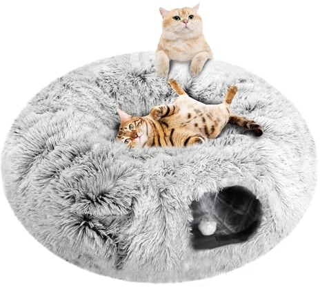 GRETMIX Katzentunnelbett mit zentraler Matte, Big Tube Spielplatz-Spielzeug, weiches Plüschmaterial, Katzen-Donut-Tunnel, Peekaboo Katzenhöhle, Vollmond-Katzentunnel für Katze, Kätzchen, Welpen,