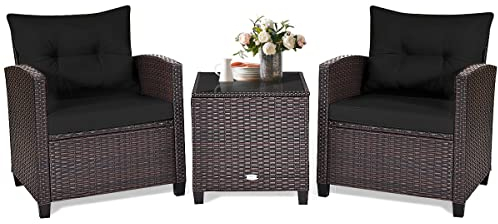 LIFEZEAL Gartenmöbel 3er Set, 2 Rattanstühle & Gartentisch aus PE-Rattan, Sofas & Couchtisch aus gehärtetem Glas, Sitzgruppe mit abnehmbaren Kissen für den Terrassen, Balkon, Garten (Schwarz)