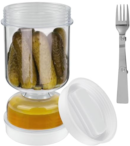 Pickle Jar with Strainer Wet And Dry Separation Pickle and Olive Jar with Fork Leakproof Airtight Food Containers Upside Down Pickle Container Reusable for Food Storage Cucumber Olives