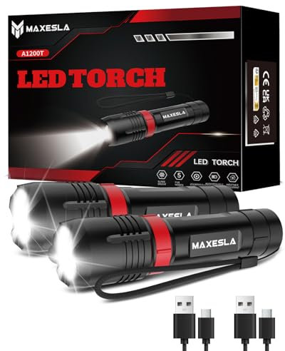 Maxesla LED Torch Rechargeable 2 Packs 2000L Super Bright Adjustable Focus Flashlight IP65 Waterproof, 5 Lighting Modes, Long Battery Life, Torch for Hiking, Camping, Power Cuts, Emergency, Outdoor