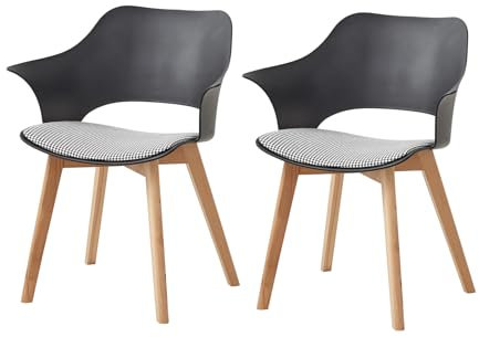 JZGORC Juego de 2 Sillas de Comedor Modernas, Silla de Comedor de Estilo Nórdico con Reposabrazos, Patas de Haya, Silla de Cocina Tapizada a Cuadros de Lino - Negro