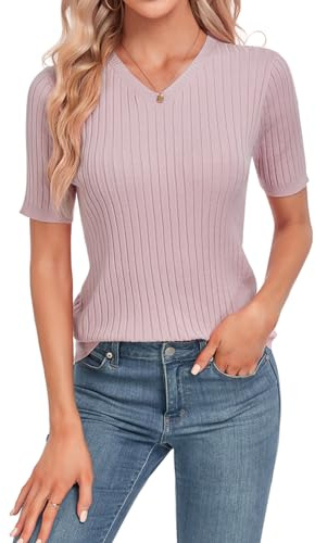 YOUNIFIZ Women's 2024 V Neck Short Sleeve Sweater Summer Knit Blouse Casual Pullover Tops Jumper