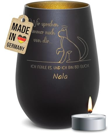 PfotenSchild Schwarzes Trauer Windlicht mit Gravur für Katzen - Wir sprechen Immer noch von dir - personalisiert mit Name - Trauergeschenk für Katzenbesitzer | inkl. Teelicht, Innen Gold