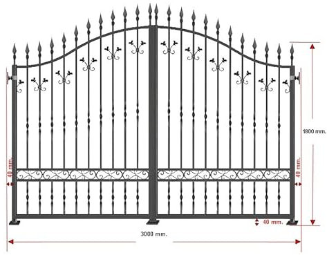 Puerta de valla exterior modelo ALTEA, puerta cancela para el jardín entrada abatible dos hojas de metal (3000 x 1800 mm., Negro forja) (Negro forja, 3000x1800 mm.)