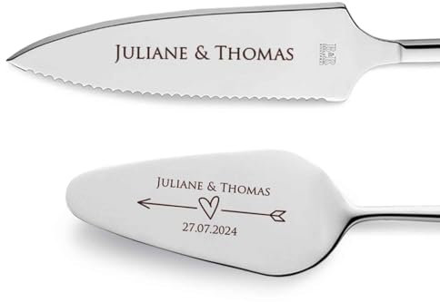 GRAVURZEILE Tortenheber inkl. Tortenmesser mit persönlicher Gravur - Pfeil - Geschenk zur Hochzeit - Hochwertiger Edelstahl - Spülmaschinengeeignet - Hochzeitsgeschenke für Brautpaar - Silber