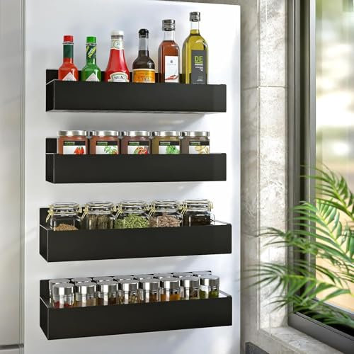Yuehuamech Magnetic Spice Rack for Refrigerator, 4 Pack Black Metal Magnetic Shelves, Space Saving Fridge Organizer, Kitchen Storage