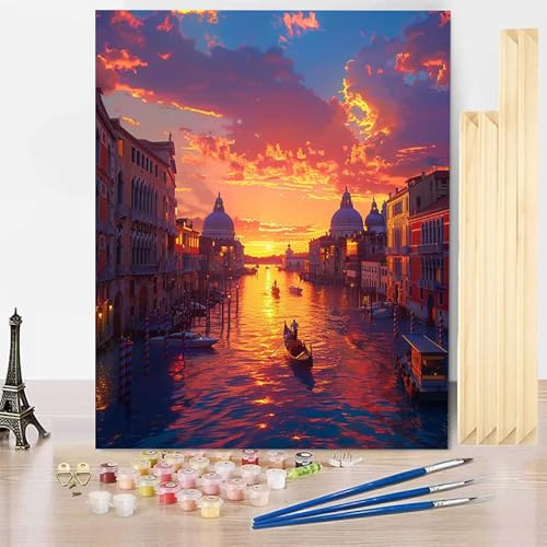 Malen Nach Zahlen Erwachsene Stadt Malen Nach Zahlen mit Rahmen, Paint by Numbers Venedig Painting by Numbers Bastelset Erwachsene mit 3 Pinseln und Acrylfarbe für Deko Wohnzimmer (30 x 40 cm) -j032D