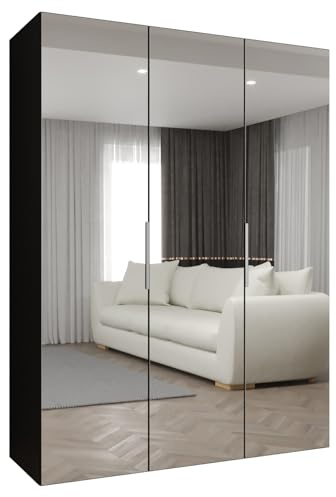 MEBLE KRYSPOL - Kleiderschrank mit Spiegel - Drehtürenschrank - Schrank 150x202x52cm - Garderobenschrank Schlafzimmer, Flur, Jugendzimmer - Farbe Schwarz, Griff Kaschmir - Marbella 3 150