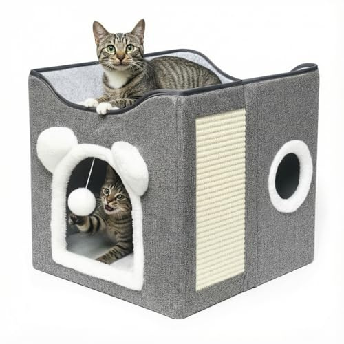 Nesrefyn Cat Beds for Indoor Cats - Foldable Cat Cave House with Scratch Pad and Fluffy Ball, Kitten Bed and Pet Bed Furniture, Grey-A