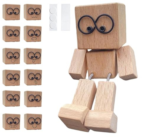 TELAOBAN Holzfigur, die sich bewegt, Auto-Dekorationsfigur mit 12 magnetischen Gesichtsausdrücken, Wackelmann aus Holz