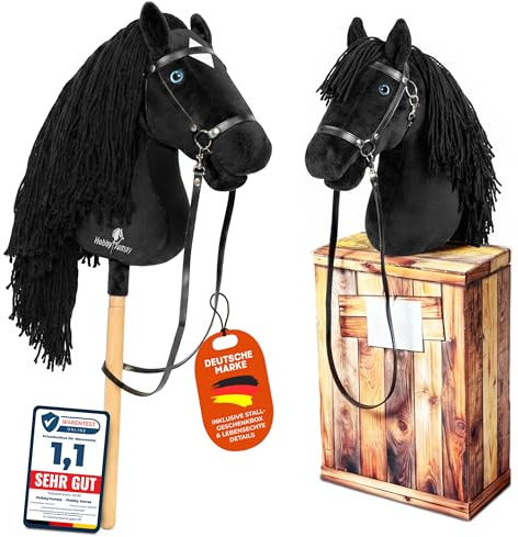 HobbyJumpy Hobby Horse A3 Steckenpferd mit realistischen Augen und Stall-Geschenkbox – Braun oder Schwarz