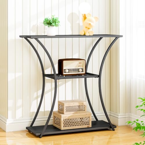 HDANI Konsolentisch mit Gitterregal,3 Ebenen Flurtisch,Schwarz,80x30x78,5cm | Schmaler Sofatisch mit Metallrahmen,Modern Beistelltisch mit 3 Ablagen für Flur,Wohnzimmer,Schlafzimmer,Eingangsbereich