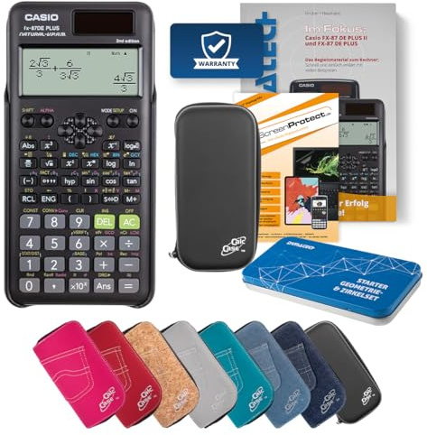 Casio FX 87 DE+ 2nd Schulrechner mit Tasche, Folie, Fachbuch und Zirkel Set - Deluxe Set (Schwarz)