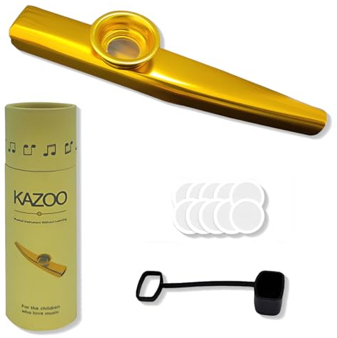 LEPGUYO Gold Kazoo Instrument Profi, Mit 10 Kazoo Membran, Schutz Hülle Und Rohr, Für Ukulele Gitarre Begleitung Anfänger Kreativität Förderung