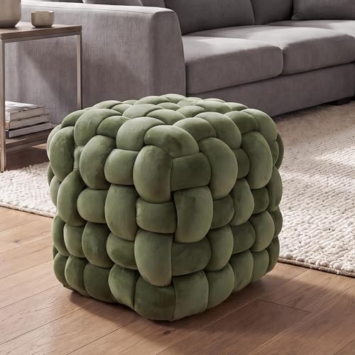 Mendler Hocker HWC-Q48 Samt (220g/m²) 39cm - grün | Sitzhocker, Ottomane, Polsterhocker, Knoten-Pouf