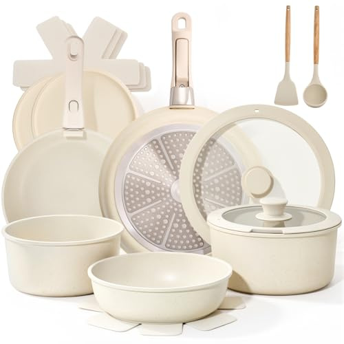 Warmiehomy 17-Piece Pots and Pans Set Non Stick, Detachable Handle | Induction Cookware Set, Stackable Aluminium Pans with Ceramic Coating, Lids, Oven Safe, Cream White