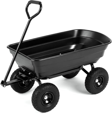 COSTWAY Chariot de Jardin avec Benne Basculante 75 L | Brouette Tout-Terrain à 4 Roues avec Poignée Réglable, Cadre Métallique, Charge 300 kg, pour Terrasse Camping Shopping