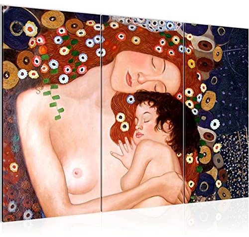 Runa Art Wandbilder Gustav Klimt Mutter und Kind Bild XXL Wohnzimmer Braun Frau 120 x 80 cm 3 Teilig 700231a
