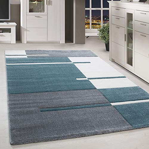 HomebyHome Teppich Wohnzimmer 120x170 cm Blau Kariert Konturschnitt Design - Schlafzimmer Teppich Kurzflor Extra Weich Pflegeleicht Teppiche für Küche Esszimmer Jugendzimmer - Carpet Living Room