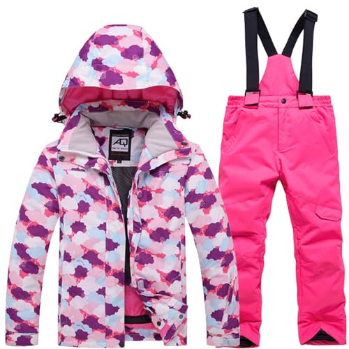 YFCH Bambini Ragazzi/Ragazze 2 Pezzi Tuta da Sci Cappuccio Antivento e Impermeabile Giacca da Sci + Pantaloni Invernali, Fucsia+Fucsia, 7-8 Anni/M