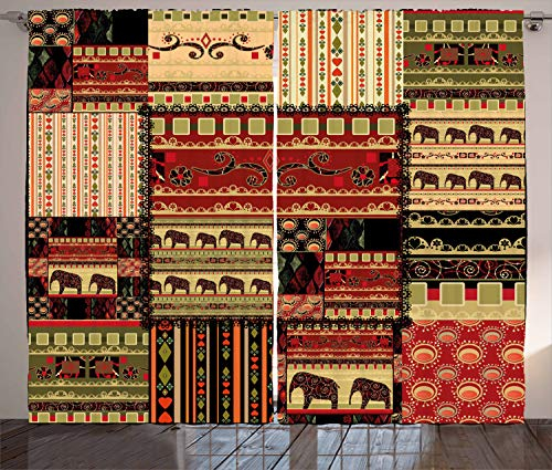 ABAKUHAUS afrikanisch Rustikaler Gardine, Patchwork Stil Asiatische, Schlafzimmer Kräuselband Vorhang mit Schlaufen und Haken, 280 x 225 cm, Grün Schwarz